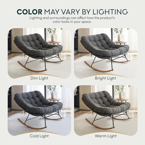 Image of Bme Patio Rocking Chair Outdoor & Indoor, Metal Patio Lounge Rocking Chair with Thick Cushion, Comfy Modern Rocker Chair for Living Room, Porch, Backyard, Grey Cushion - Wood Texture Rocker