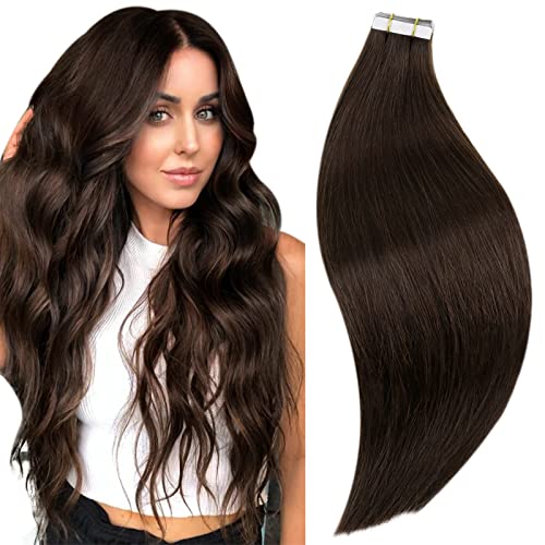 Tape in Hair Extension Marron Cheveux Raides Tape Adhesive Extension Cheveux Naturel Bande Marron Foncé #2 Extensions a Adhesives Human Hair 10 Pouces/25cm 20 Pièces/30g Cover