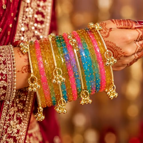 Image of JPS 16 Pcs Trendy Stylish Glass & Kashmiri Ghungroo Bangles Set for Women & Girls | Gold-Plated Traditional Festive Wedding Party Jewellery Chudi Set (12 Glass + 4 Metal)