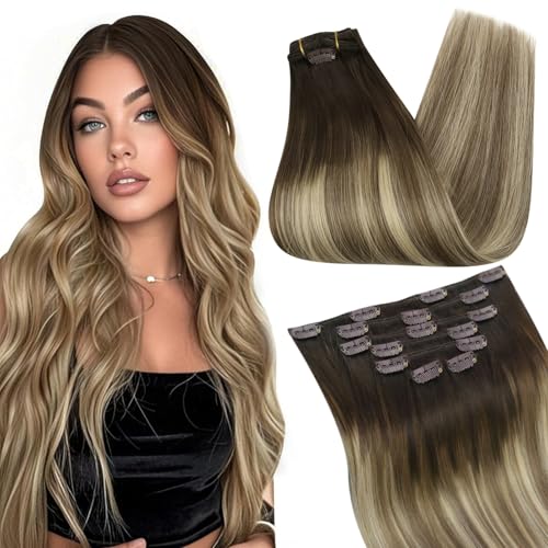 Ugeat Human Hair Clip in Extensions Balayage Real Human Hair