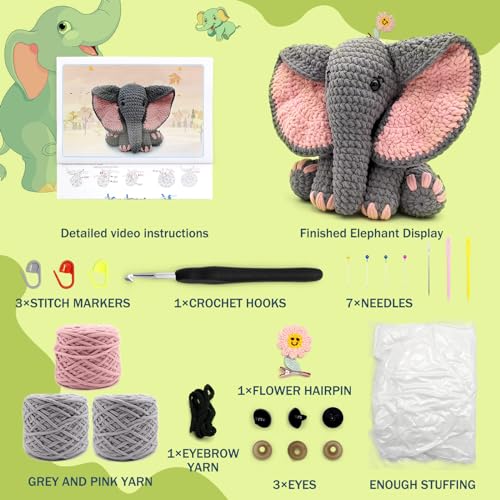 Image of CODGP Crochet Kit for Beginners, 13-Inch Elephant Crochet Kit for Adults | Crochet Starter Kit Gift, Animal Amigurumi Kit, Durable Chenille Yarn, Full Supplies, Step-by-Step Videos, for Crochet Lovers