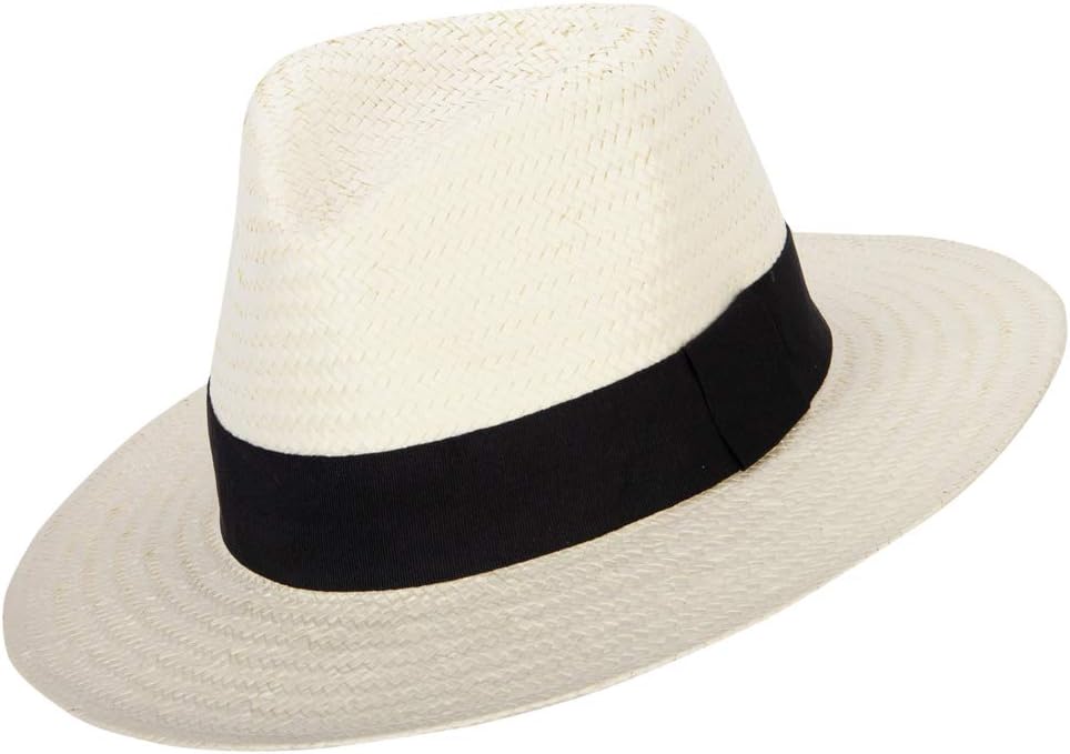 Men's Toyo Paper Braid Wide Ribbon Band Accented Large Brim Fedora Hat