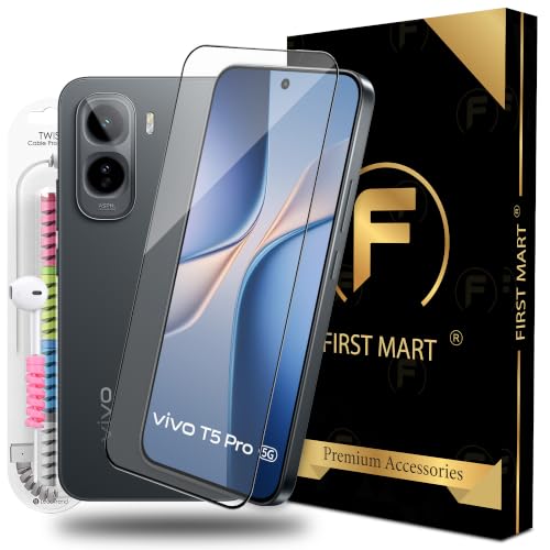 Image of FIRST MART Tempered Glass for Vivo T5 Pro, 9H 0.3 mm Full-Glue Screen Protector with Cable Protector, 3D Edge-to-Edge, HD Clear, Case-Friendly, Black, Pack of 1