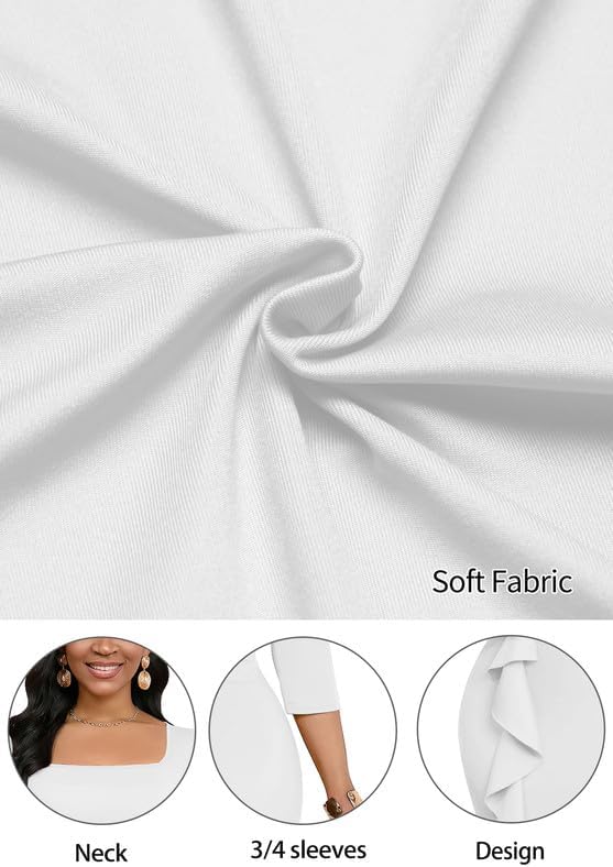 Womens Work Dresses Elegant Square Neck 3/4 Sleeve High Waist Bodycon Ruffle Vintage Church Pencil Midi Dress - Image 6