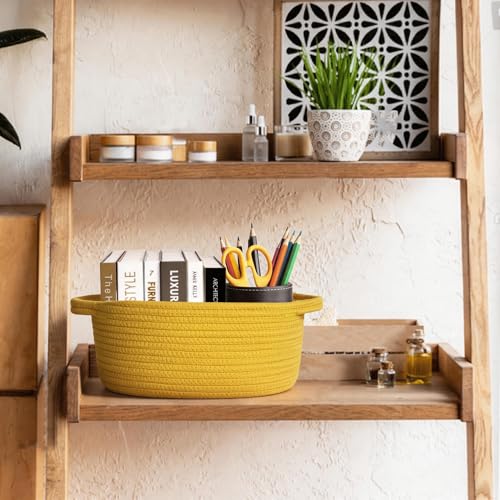 Image of Small Yellow Woven Gift Basket, Baskets for Gifts Empty, Cotton Rope Cat Dog Toy Bin Box, Baby Nursery Organizer, Easter Basket with Handle, Shelf Storage Bin, Yellow Room Decor, 12 inchx 8 inchx 5 inch