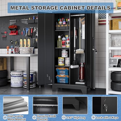 Image of 61 inch H Broom Closet Cabinet, Metal Storage Cabinet with Lockable Doors and Pegboard, Utility Closet for Brooms and Mops, Tool Cabinets for Home Office, Laundry Room, Garage, Workshop