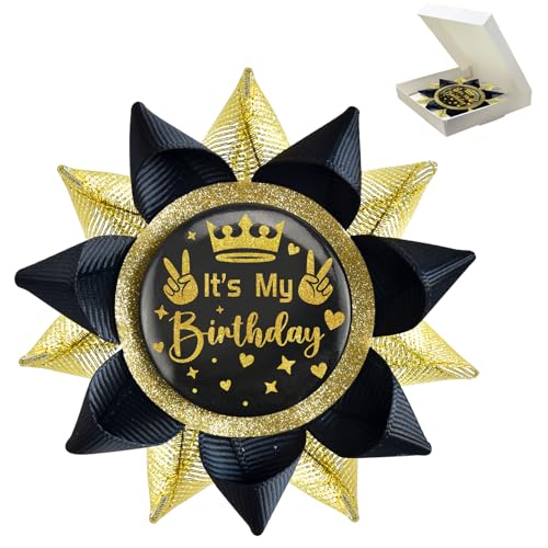 Handmade It's My Birthday Button, Happy Birthday Button Pins for Teens, Women and Men, Black and Gold Grosgrain Ribbon Pins for Birthday Party Decorations Supplies Gifts Ideas (3.75 * 3.75inches)
