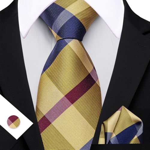 Image of Barry.Wang Plaid Ties for Men Silk Necktie Handkerchief Cuff Links Set