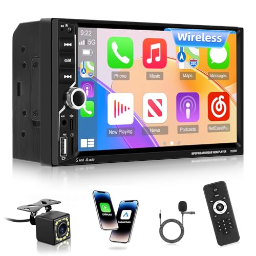 NHOPEEW Double Din Car Stereo with Wireless Carplay and Android Auto - 7 Inch Touch Screen Car Radio - EQ Audio/Mirror Link/Bluetooth/FM Radio/SWC + Backup Camera + Microphone
