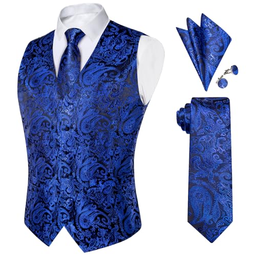 Image of DiBanGu Mens Paisley Vest Silk Sleeveless Suit Vest and Neck Tie Pocket Square Cufflinks Set for Wedding Formal