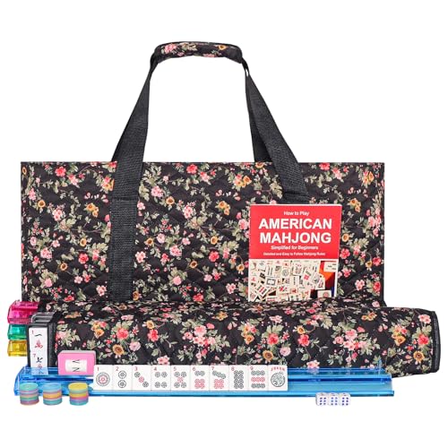 GUSTARIA American Mahjong Game Set for Beginners, 166 White Tiles, Blue Mat & Carrying Bag