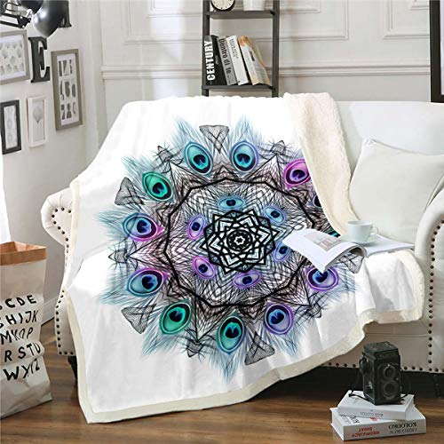 Boho Mandala Sherpa Blankets Peacock Feathers Design Fleece Blankets Bohemian Style Throw Blanket for Couch Sofa Travel Adults Hippie Mandala Printed Fuzzy Blanket Room Decor Throw 50