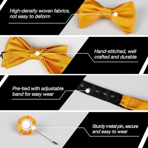 Image of Alizeal Mens 4pcs Formal Solid Bow Tie Set | Pre-tied Pocket Square Cufflinks Boutonniere for Wedding Everyday Use