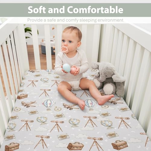 Image of Adventure Baby Crib Sheets for Boy Girl 28 inchx52 inch Travel Planes Compass Luggage Globe Explore Soft Snug Fitted Crib Mattress Covers Holiday Vacation Baby Sheet for Standard Crib & Toddler Bed Mattress