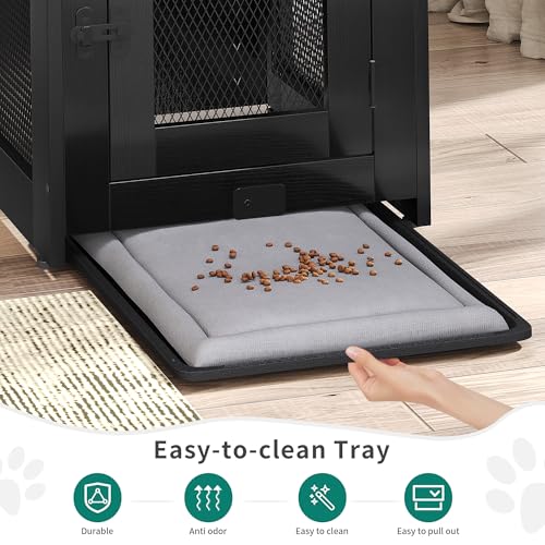 DWVO Dog Kennel Furniture with Dual USB Charger, Dog Crate End Table with Tray, Wooden Dog Crate Furniture with Cushion for Small Dogs, Black - Image 4