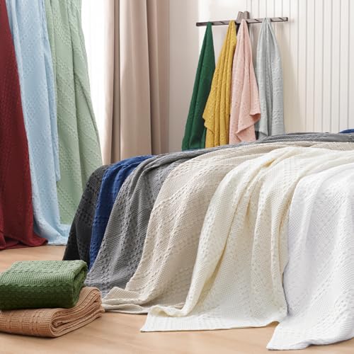 Image of PHF 100% Cotton Waffle Blanket Queen Size for Bed, Lightweight Breathable and Soft for Summer, Luxury Aesthetic Waffle Weave Blanket for Home Decor & Gifts for Women, 90 inchx90 inch, Blue Sapphire