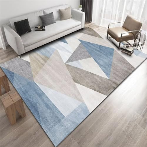 Tapis de salon bleu 140x180cm à poils courts lavable géométrique moderne pour chambre d'ado - 2