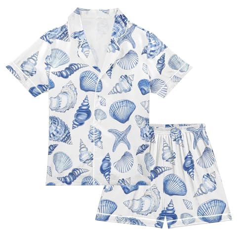 Blue White Seashells Summer Pajamas Set Silk PJS Set Satin Sleepwear Short Sleeve Button Down Nightwear 5-14Y