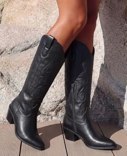 Image of Pasuot Western Cowboy Boots for Women - Knee High Wide Calf Cowgirl Boots, Slip On Pointed Toe Chunky Heel Fashion Retro Classic Pull On Tall Boot for ladies Party concert