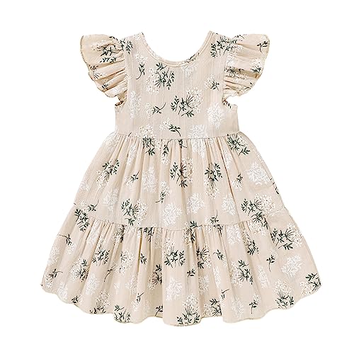YOUNGER TREE Toddler Baby Girl Boho Dress Linen Ruffle Sleeveless Casual Dress Kids Solid Floral Summer Beach Sundress