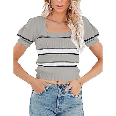 MACNOORA Womens Puff Short Sleeve Sweater Tops Square Neck Striped Colorblock Lightweight Knit Pullover Shirts Cover