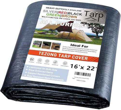 TEZONG 16x22Ft Tarp Waterproof,Black Poly Tarpaulin 12Mil Plastic Cover by TEZONG - Used condition - US$55.12