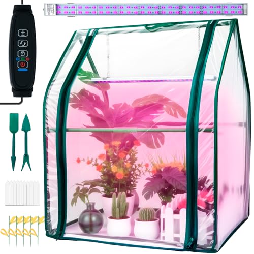Hugbow Mini Green House with Grow Light Mini Greenhouse Indoor 15W Full Spectrum Plant Lights & Timer for Seed Starter Tray Indoor Outdoor Plants 20x16x24
