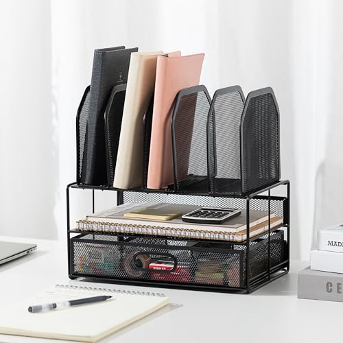 Amazon Basics Mesh Desk Organizer with Sliding Drawer, Double Tray and 5 Upright Sections, Black - Image 6