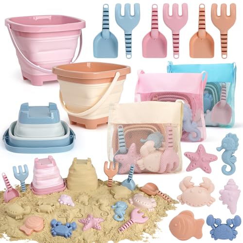 Dreamon Beach Toys Set for Kids 3-10, Collapsible Sand Buckets with Beach Molds and Mesh Bag, 3 Pack Shovels Set Sand Toys for Beach, Sandbox Travel...