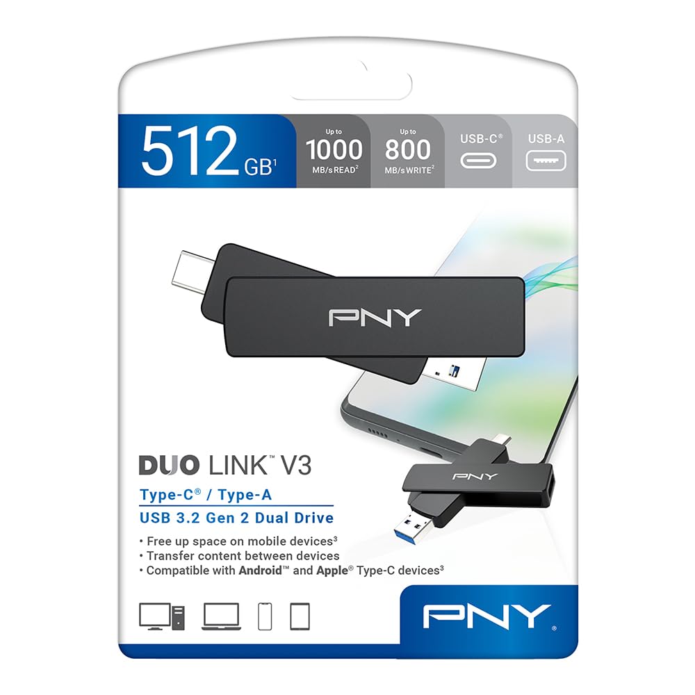 PNY Duo Link V3 512Go Clé USB USB-C/USB-A 1000MB/s