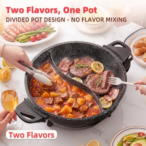 Image of TWIN Electric Hot Pot with Divider | EvenHeat Cast Aluminum Non-Stick Pot for No-Spot Cooking | 1500W Fast Heating | Dual-Flavor Shabu Shabu Pot for | 1-Yr Warranty | Granite Black
