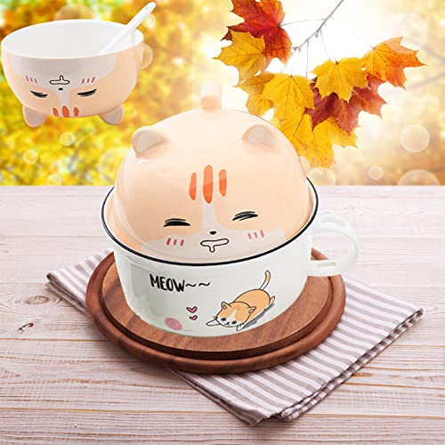Ceramic Ramen Bowl with Lid, Cute Cat Instant Ramen Noodle Bowl, 34.5 OZ Large Soup Bowl with Handle and Spoon for Salad Cereal Rice Noodles, Microwave Safe, Ideal Gift for Teens and Kids(Cute Cat)