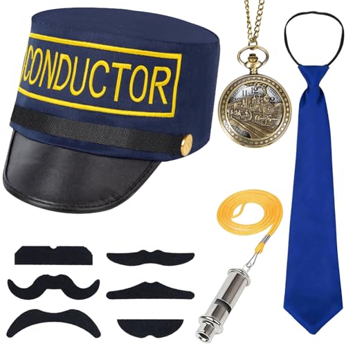ZIZWO Train Conductor Costume Set with Conductor Hat Pocket Watch Whistle Mustaches Christmas Express Costume Accessories for Adults/Kids Party Dress Up