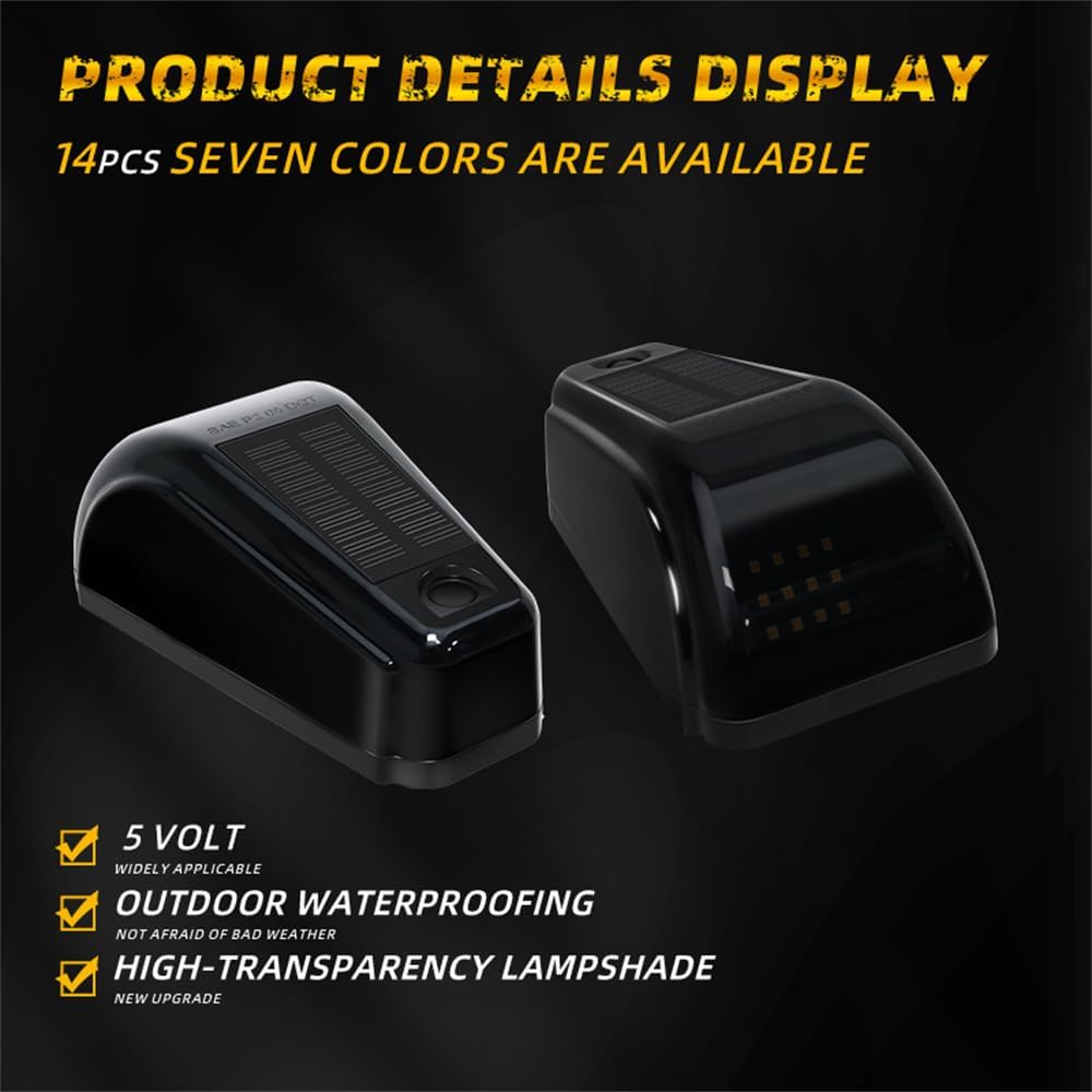 Wireless Solar Powered Cab Lights for Truck, 5PCS No Drill Black Cab Roof Lights with Vibration Sensor, Yellow