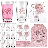 Kritkin 25 Sets Sweet 16 Favors for Guests Sweet 16 Plastic Short Glasses Acrylic Clear Shot Glasses with Thank You Cards Organza Bag 16 Years Old Birthday Party Supplies Rose Gold Sweet 16 Decoration
