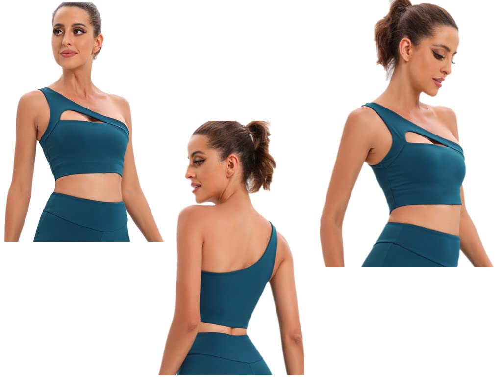 RIOXSRIOXS Women's One Shoulder Sports Bra Wireless Padded Yoga Bra Halter Style Support Workout Adjustable Bra (Blue, L)