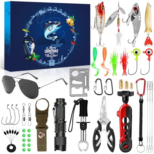fishing advent calendar 2025 for men boys, 24 day christmas countdown with lures, tools, fish lip gripper, assorted fishing accessories, christmas advent calendar for dad, husband, boyfriend, anglers