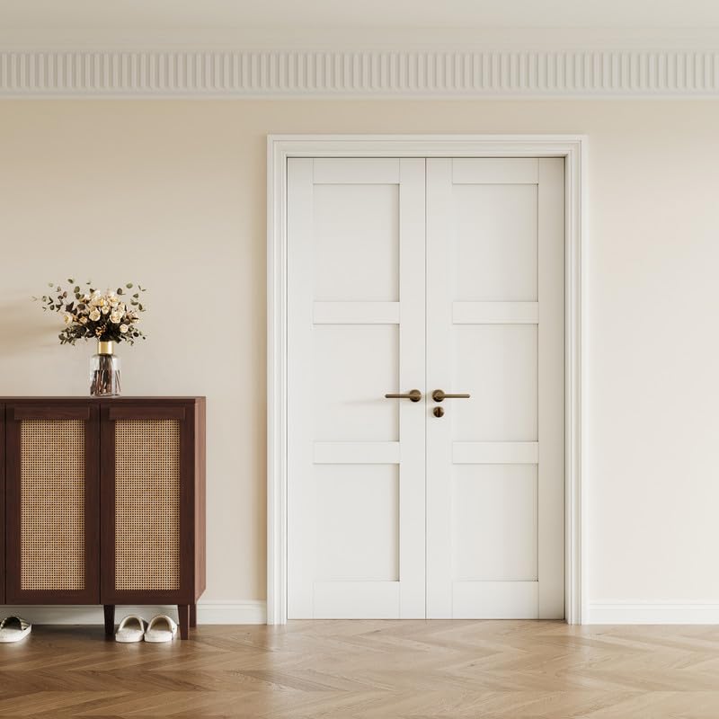 Slab Door Interior, Solid Core Pre-Built Wood Doors 48'x80'(Double 24'x80'), 3-Panel White Bedroom Door Shaker, Pantry, Bathroom, Laundry Swing Door w/o Frame, Pre-Finished & Paintable with CARB P2