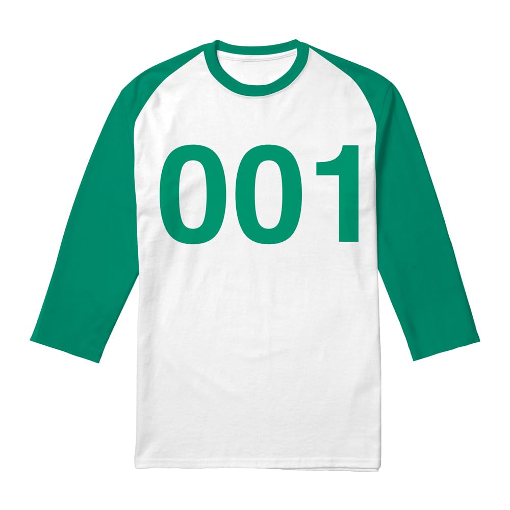 Squid Game Player 001 Unisex 3/4 Baseball T Shirt, White/Kelly, Large