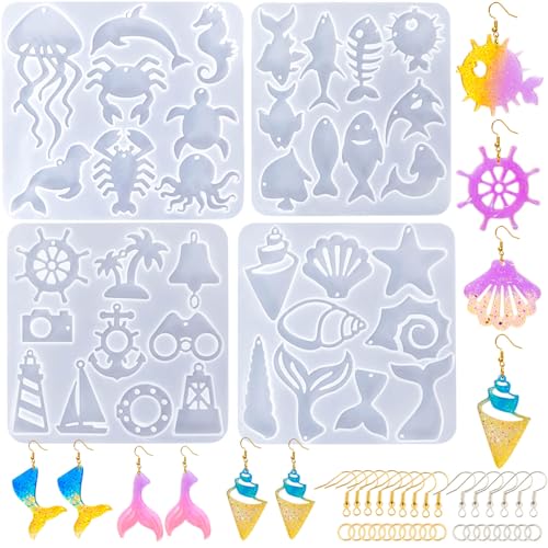 JHYlilia 204Pcs Resin Earring Molds Ocean Marine Life Jewelry UV Resin Jellyfish Shell Starfish Earrings Keychain Necklaces Pendant Silicone Molds DIY Art Craft Jewelry Making Supplies