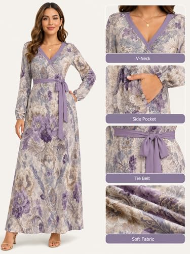 Image of PinkPatty Women's Print Maxi Dresses 3 /4 Sleeve Flowy Long Dress V Neck Wrap Tie Waist Sundress