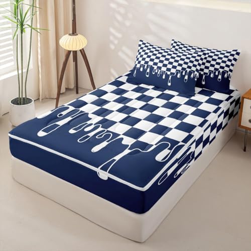 Image of Navy Blue White Checkered Complete Zip Up Bedding Set Full,4 Piece Checkerboard Drip Comforter Kit with Fitted Sheet & Pillowcases,Y2K Aesthetic Geometric All Season Bed in a Bag for Boys Girls