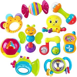 iPlay iLearn 10pcs Baby Rattle Toys Infant Shaker Teether Grab and Spin Rattles Musical Toy Set Early Educational