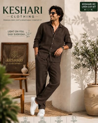 Image of Men's Premium Linen Co-Ord Set | Regular Fit Full Sleeve Solid Shirt with Drawstring Trouser | Breathable Linen Casual Outfit for Summer, Travel, Beach, Vacation & Daily