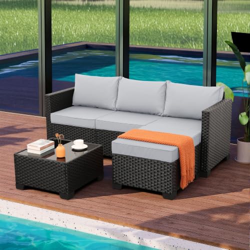 Rattaner 3 Pieces Patio Furniture Set Outdoor Sectional Wicker Patio Furniture Patio Couch with Ottoman and Outdoor Table All-Weather Anti-Slip Cushions Waterproof Covers, Light Grey - Image 2