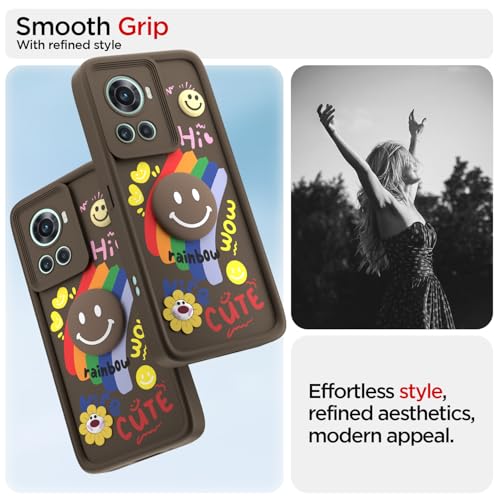 Image of Pikkme Back Cover for OnePlus 10R 5G | Soft Silicone| Cute Rainbow Smile & 3D Cartoon Flower Design | Shockproof Raised Camera Protection Bumper Case (Brown)