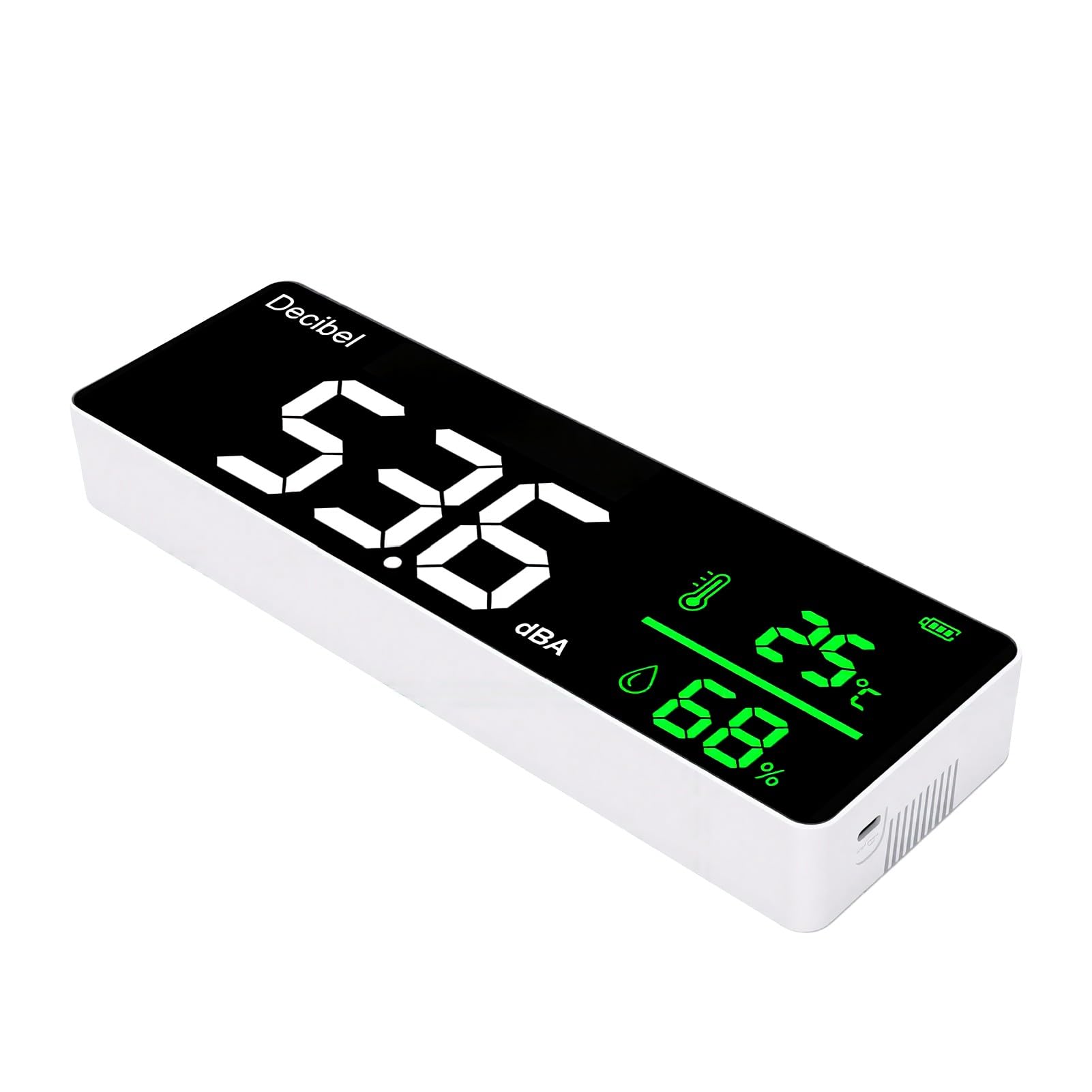 Medidor de Decibelios 30-130dBA LED Registro de Datos de Montaje en Pared | Ruido/temperatura/humedad 3 en 1, registra y exporta datos, interruptor °C/°F, calibración manual, batería de 2000 mAh,