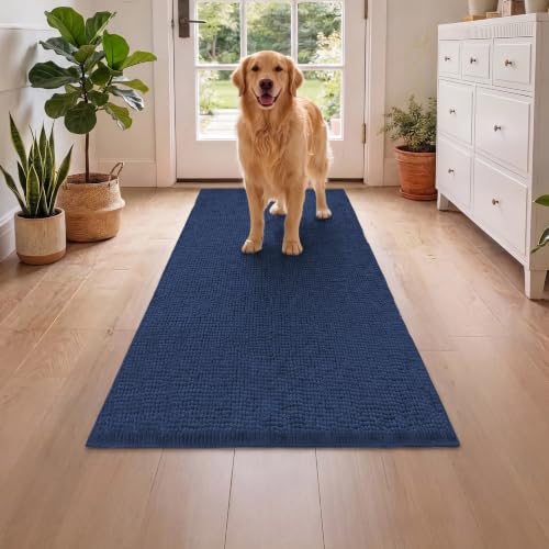 Image of H.VERSAILTEX Dog Door Mat Absorbent Dirt Trapper Non Slip Quick Dry Washable Chenille Pet Bed Mat for Mud Dogs Indoor and Outdoor(Navy, 24 inch x 60 inch)