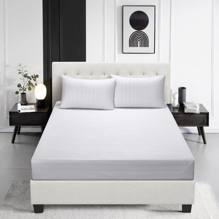 Prime Linens Satin Stripe Fitted Sheet Bed Sheet Brushed Microfiber 30 Cm Deep Fitted Sheet Elastic Edges Breathable Soft Machine Washable Fade Resistant (White, Single)