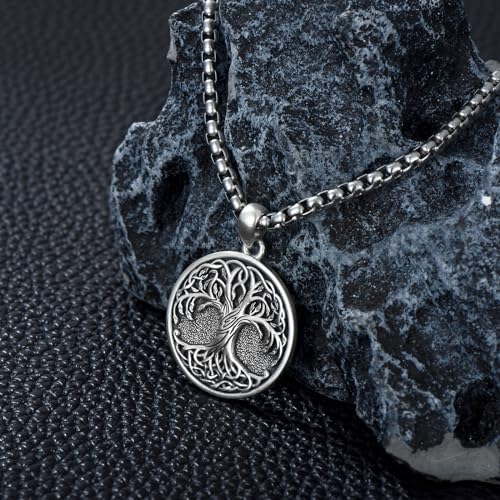 Tree of Life Necklace 925 Sterling Silver Round Tree of Life Pendant Jewelry for Men Women, w/Stainless Steel Chain 22''+2''4